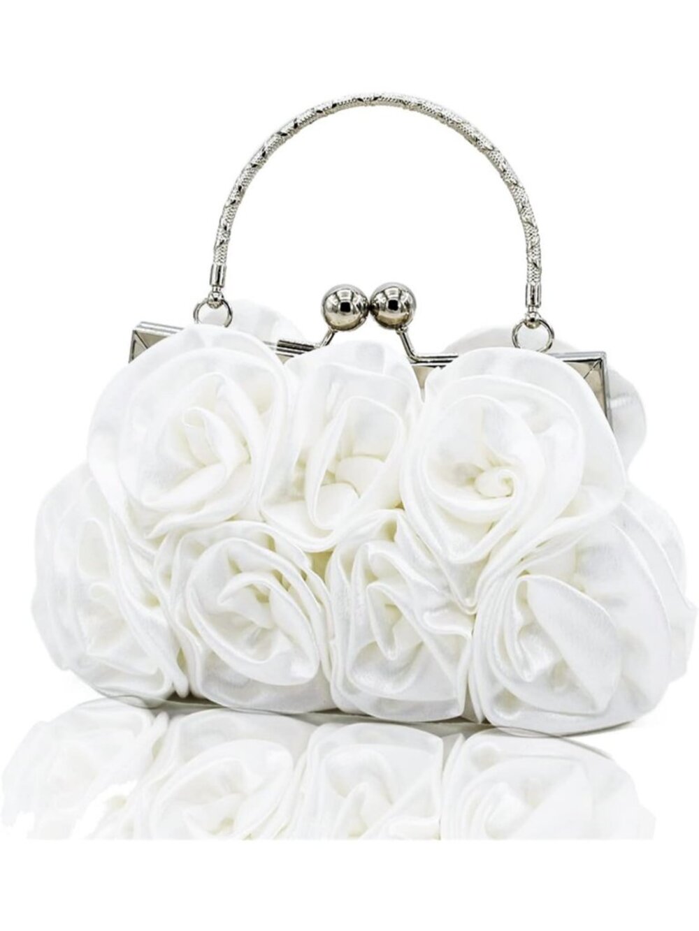 Women's White Floral Satin Clutch Purses Detachable Strap Prom Evening Bag